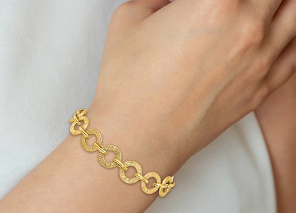 14K Polished and Textured Fancy Round Link Bracelet