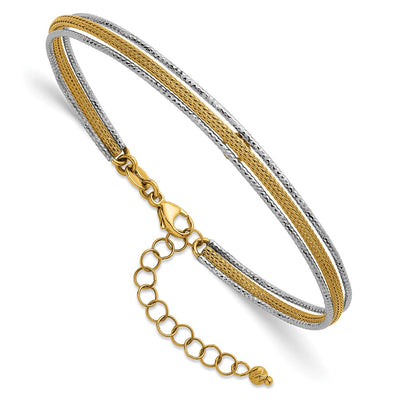 14K Two-Tone Textured Woven Flexible Bangle Bracelet Plus Extender