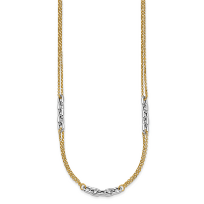 14K Two-Tone Polished Fancy Oval Link and Double Strand Chain with extension Necklace