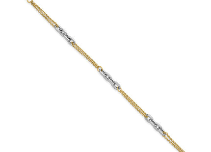 14K Two-Tone Polished Fancy Oval Link and Double Strand Chain 7. with extension Necklace