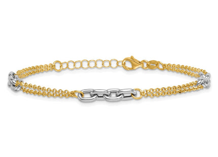 14K Two-Tone Polished Fancy Oval Link and Double Strand Chain 7. with extension Necklace
