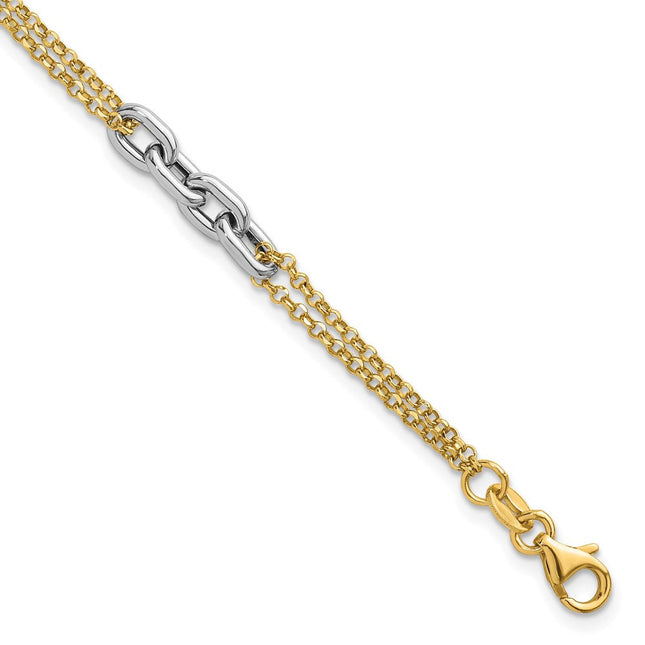 14K Two-Tone Polished Fancy Oval Link and Double Strand Chain 7. with extension Necklace