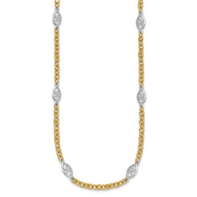 14K Two-tone Polished Fancy Cable Chain and Filigree Oval Necklace