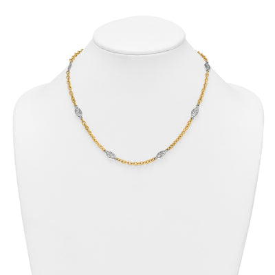 14K Two-tone Polished Fancy Cable Chain and Filigree Oval Necklace