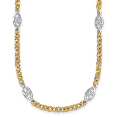 14K Two-tone Polished Fancy Cable Chain and Filigree Oval Necklace