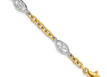 14k Two-tone Polished Fancy Cable Chain and Filigree Oval 7. Necklace