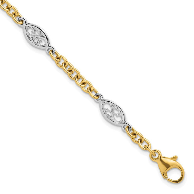 14k Two-tone Polished Fancy Cable Chain and Filigree Oval 7. Necklace