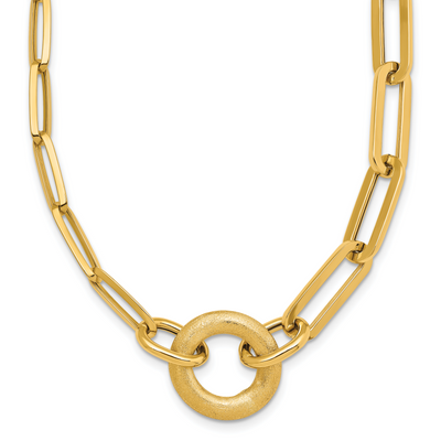 14K Polished And Brushed Paperclip Link With Circle Necklace