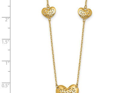14K Polished Filigree Puffed Heart 3-Station Necklace Plus Extender