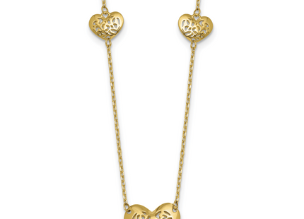 14K Polished Filigree Puffed Heart 3-Station Necklace Plus Extender