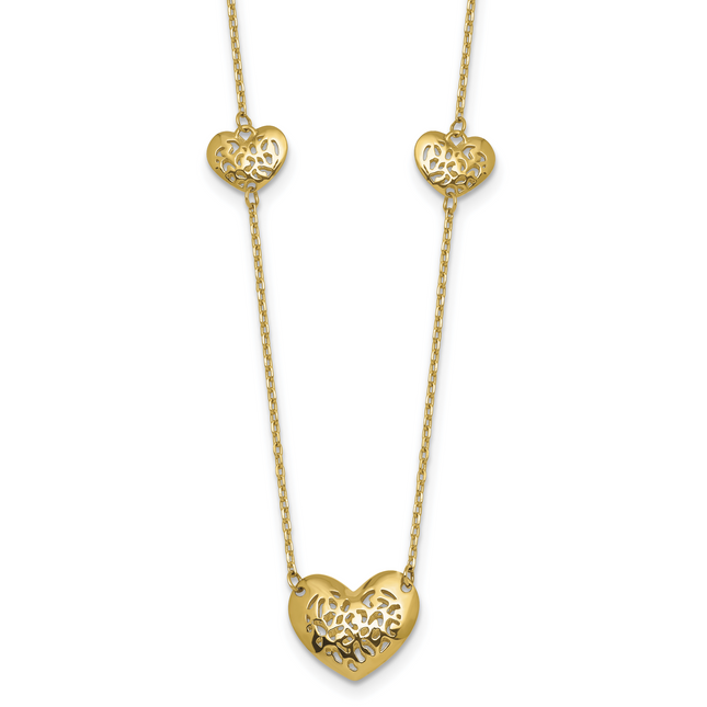 14K Polished Filigree Puffed Heart 3-Station Necklace Plus Extender