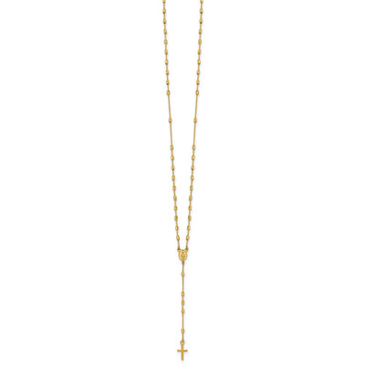 14K Polished Cross and Miraculous Medal Diamond-cut Beaded Rosary Necklace with Extender