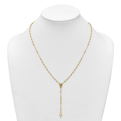 14K Polished Cross and Miraculous Medal Diamond-cut Beaded Rosary Necklace with Extender