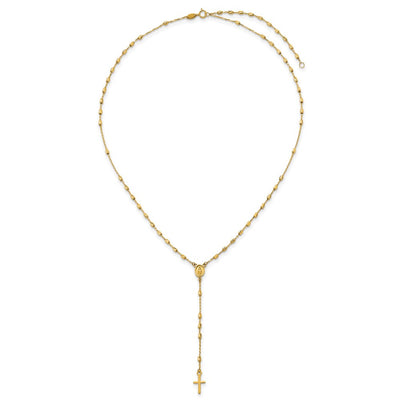14K Polished Cross and Miraculous Medal Diamond-cut Beaded Rosary Necklace with Extender