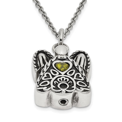 Sentimental Expressions Stainless Steel Light Green CZ August Birthstone Antiqued Angel Ash Holder Necklace
