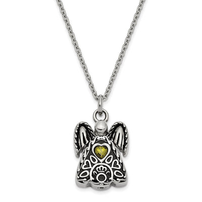Sentimental Expressions Stainless Steel Light Green CZ August Birthstone Antiqued Angel Ash Holder Necklace