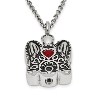 Sentimental Expressions Stainless Steel Dark Red CZ January Birthstone Antiqued Angel Ash Holder Necklace