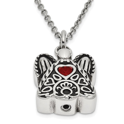 Sentimental Expressions Stainless Steel Red CZ July Birthstone Antiqued Angel Ash Holder Necklace