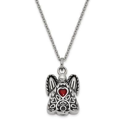 Sentimental Expressions Stainless Steel Red CZ July Birthstone Antiqued Angel Ash Holder Necklace