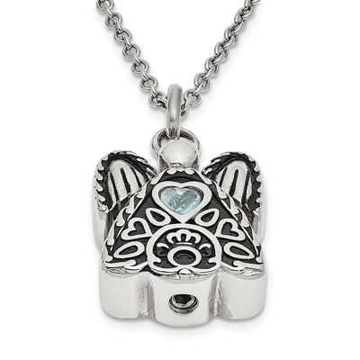 Sentimental Expressions Stainless Steel Light Blue CZ March Birthstone Antiqued Angel Ash Holder Necklace