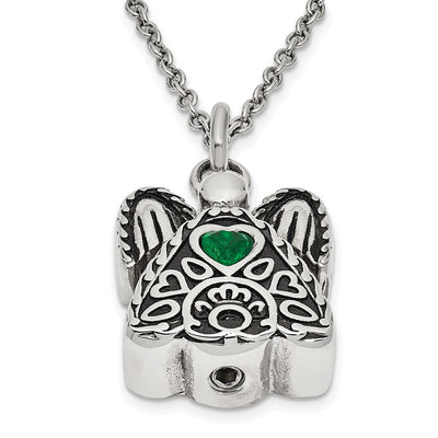 Sentimental Expressions Stainless Steel Green CZ May Birthstone Antiqued Angel Ash Holder Necklace