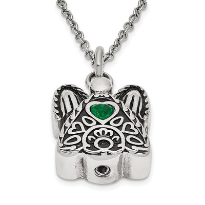 Sentimental Expressions Stainless Steel Green CZ May Birthstone Antiqued Angel Ash Holder Necklace