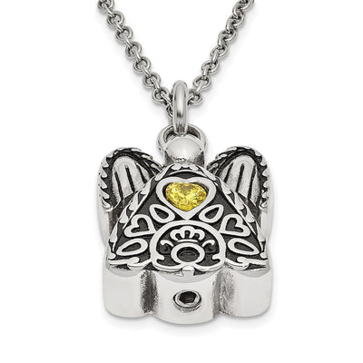 Sentimental Expressions Stainless Steel Yellow CZ November Birthstone Antiqued Angel Ash Holder Necklace