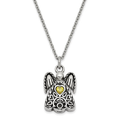 Sentimental Expressions Stainless Steel Yellow CZ November Birthstone Antiqued Angel Ash Holder Necklace