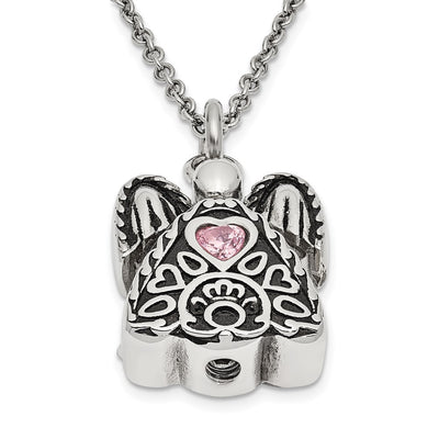 Sentimental Expressions Stainless Steel Pink CZ October Birthstone Antiqued Angel Ash Holder Necklace