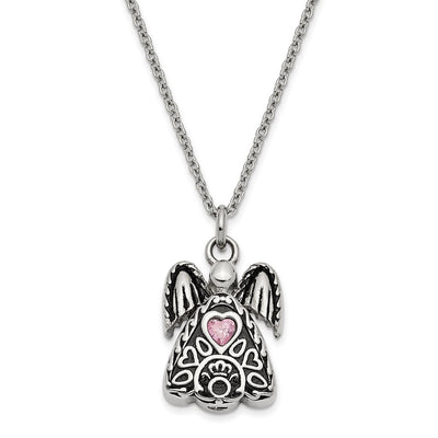 Sentimental Expressions Stainless Steel Pink CZ October Birthstone Antiqued Angel Ash Holder Necklace