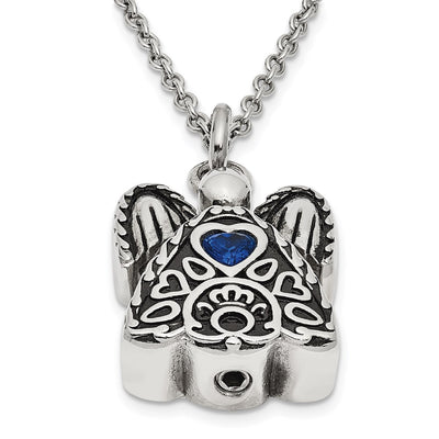 Sentimental Expressions Stainless Steel Dark Blue CZ September Birthstone Antiqued Angel Ash Holder Necklace