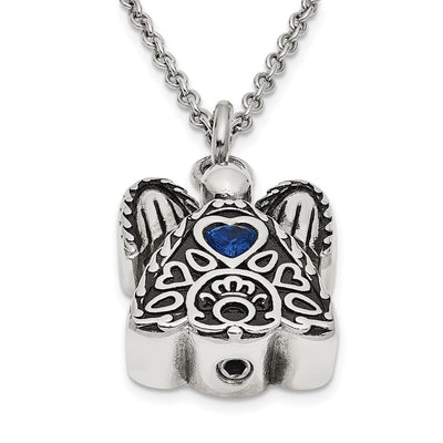 Sentimental Expressions Stainless Steel Dark Blue CZ September Birthstone Antiqued Angel Ash Holder Necklace