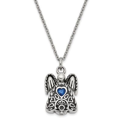 Sentimental Expressions Stainless Steel Dark Blue CZ September Birthstone Antiqued Angel Ash Holder Necklace