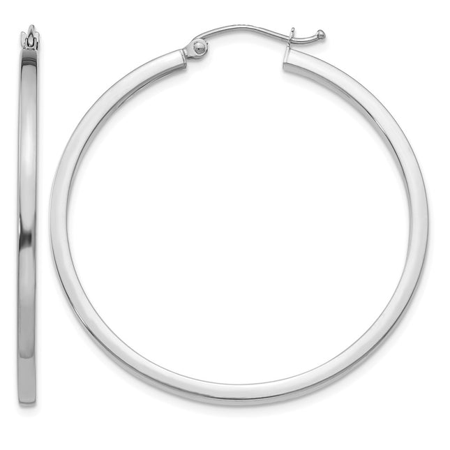 14k White Gold Square Tube Hoops, 40 x 2mm