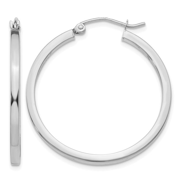 14k White Gold Square Tube Hoops, 30 x 2mm