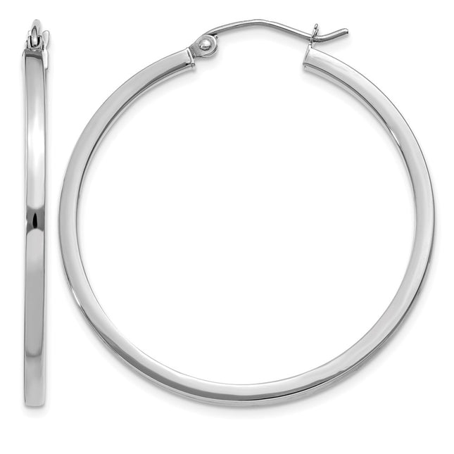 14k White Gold Square Tube Hoops, 35 x 2mm