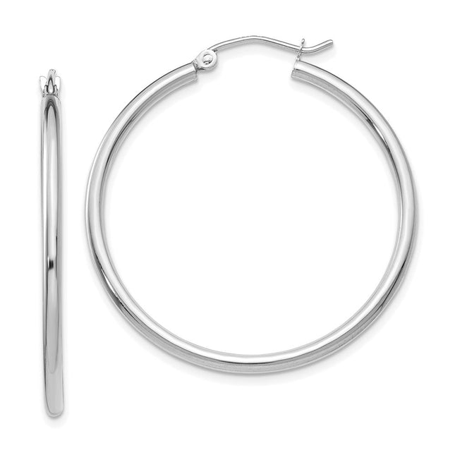 14k White Gold Polished Tube Hoop Earrings, 35 x 2mm