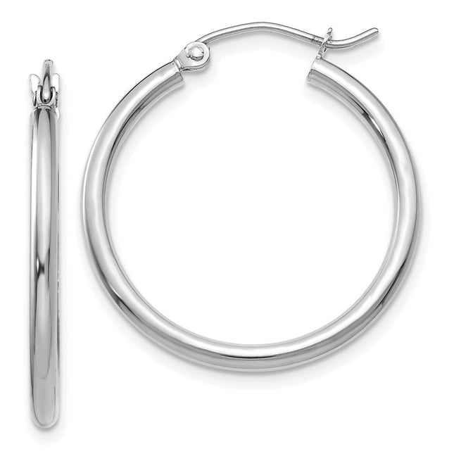 14K White Gold Polished Lightweight Tube Hoop Earrings, 25 x 2mm