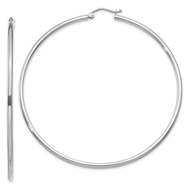14K White Gold Polished Lightweight Tube Hoop Earrings, 65 x 2mm