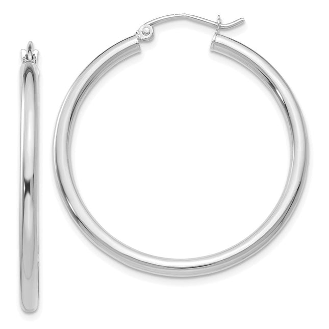 14k White Gold Polished Tube Hoop Earrings, 35 x 2.5mm
