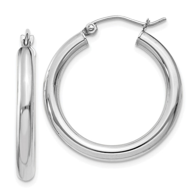 14k White Gold Polished Tube Hoop Earrings, 25 x 3mm