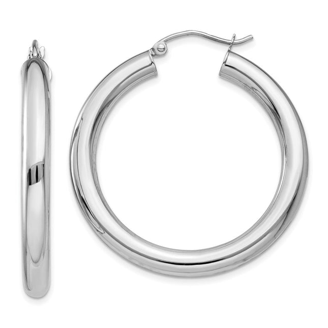 14k White Gold Polished Tube Hoop Earrings, 35 x 4mm