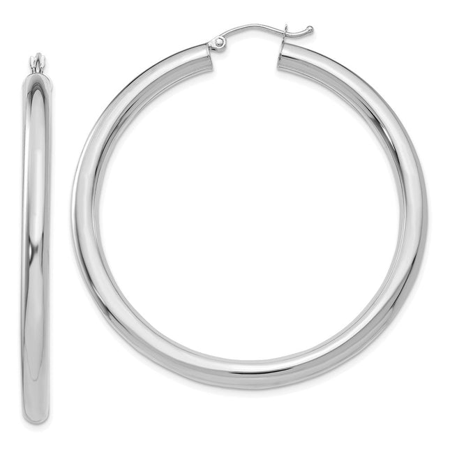 14K White Gold Polished Lightweight Tube Hoop Earrings, 50 x 4mm