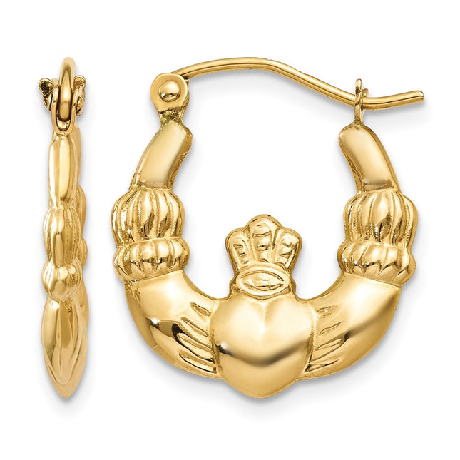 14k Polished Claddagh Hoop Earrings, 19.25 x 3mm