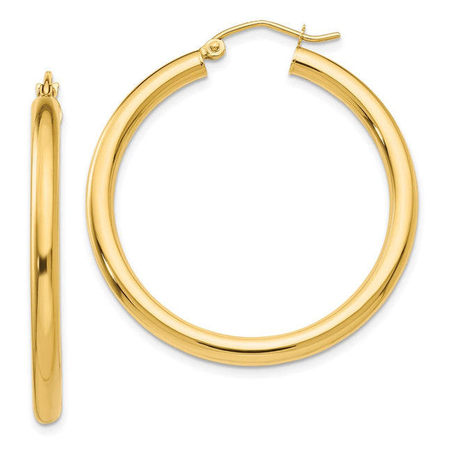 14k Polished Lightweight Tube Hoop Earrings, 35 x 3mm