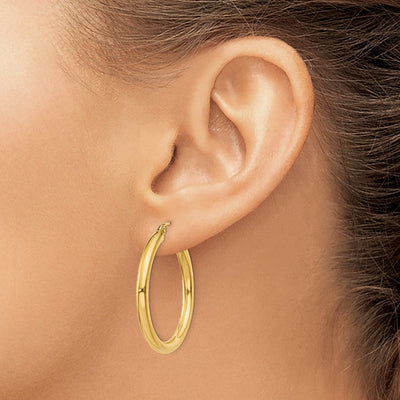 14K Polished Lightweight Tube Hoop Earrings, 30 x 3mm