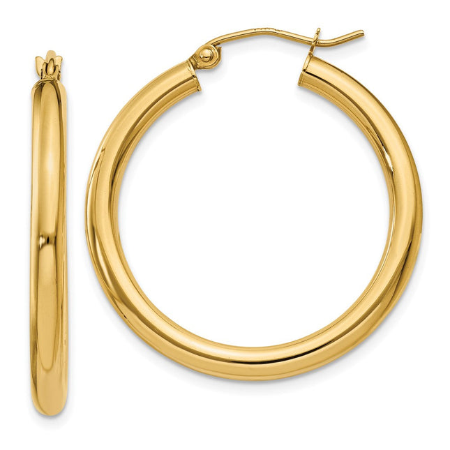 14k Polished Lightweight Tube Hoop Earrings, 30 x 3mm