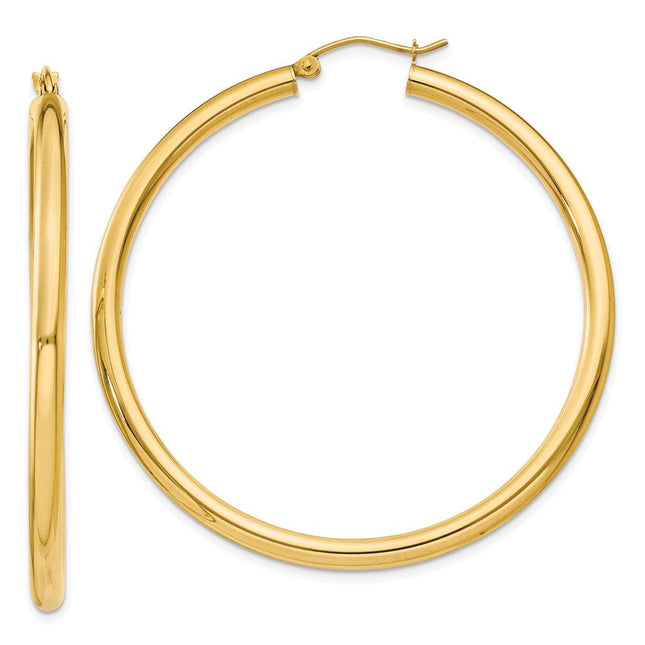 14k Polished Lightweight Tube Hoop Earrings, 50 x 3mm