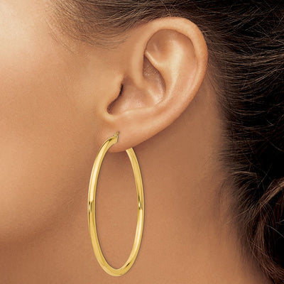 14K Polished Lightweight Tube Hoop Earrings, 60 x 3mm