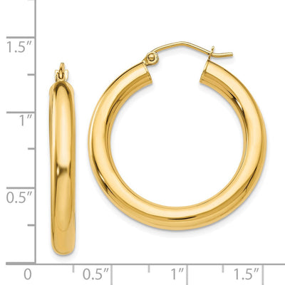14K Polished Lightweight Tube Hoop Earrings, 30 x 4mm